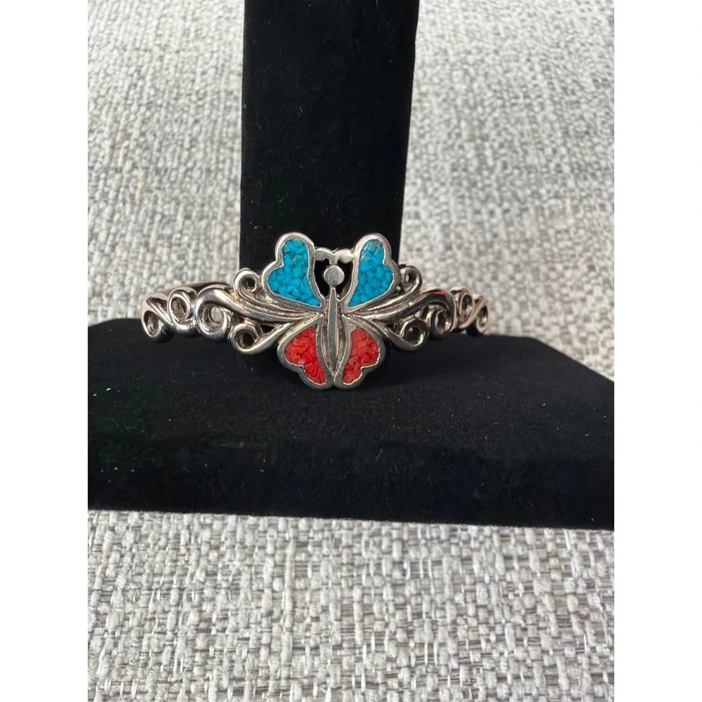 Vintage Butterfly Inlay Cuff Bracelet Turquoise Coral Filigree Boho
